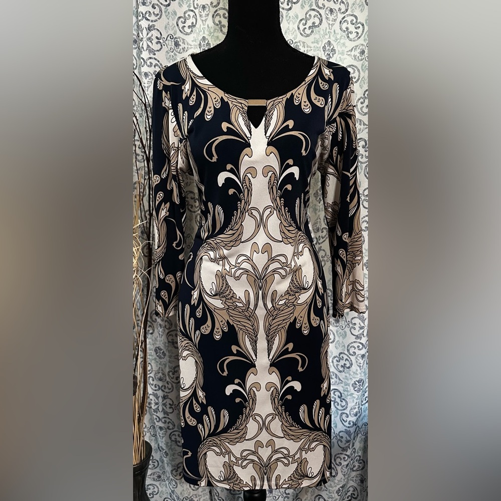 Size Medium JBS blue and tan  Damask Dress with stretch